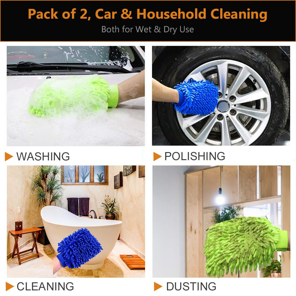 WALTSOM Car Wash Mitt, 2 Pack (Waterproof) Wash Mitt Large Size Chenille Microfiber Car Wash Gloves, Lint Free, Scratch Free, Double Sided, Use Wet or Dry, Blue and Green