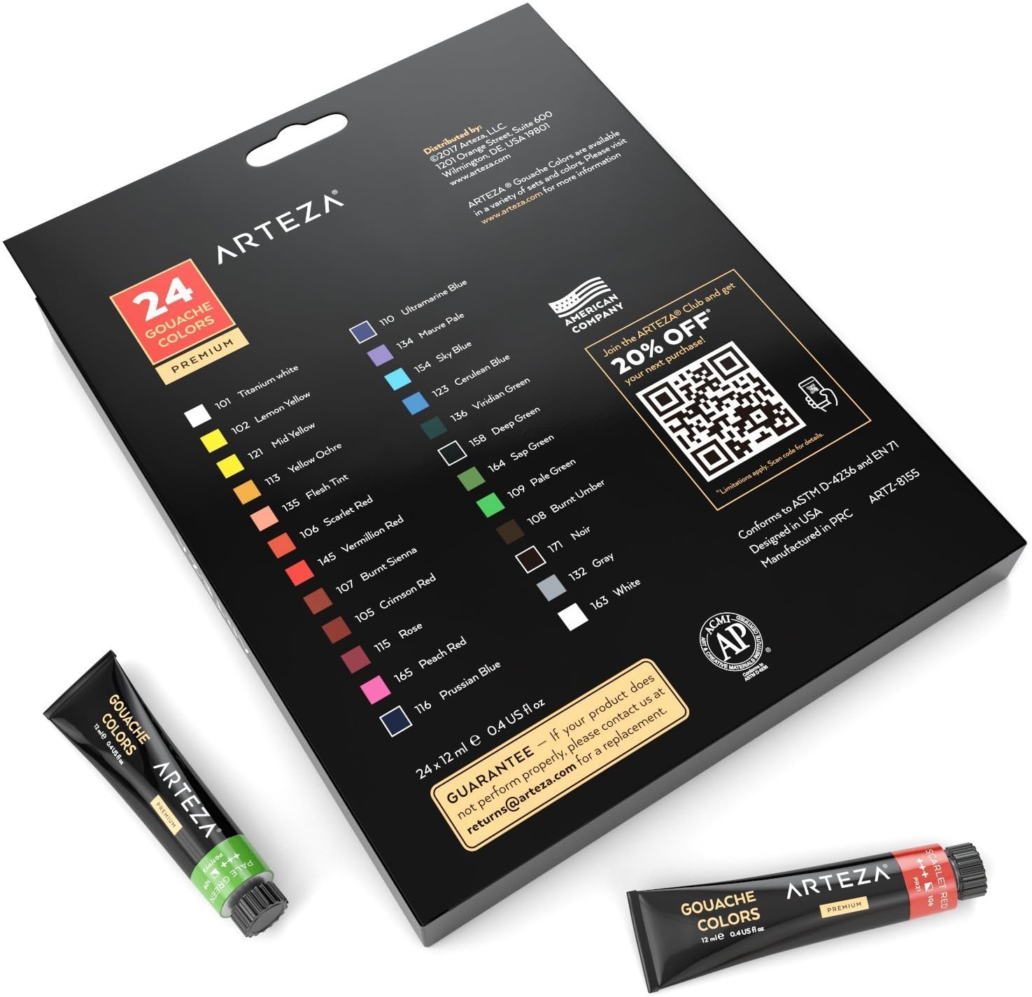 ARTEZA Gouache Paint, Set of 24 Colors/Tubes (24x12ml/0.4oz) with Storage Box, Rich Pigments, Vibrant, Non Toxic Paints for The Professional Artist, Hobby Painters & Kids, Ideal for Canvas Painting : Office Products