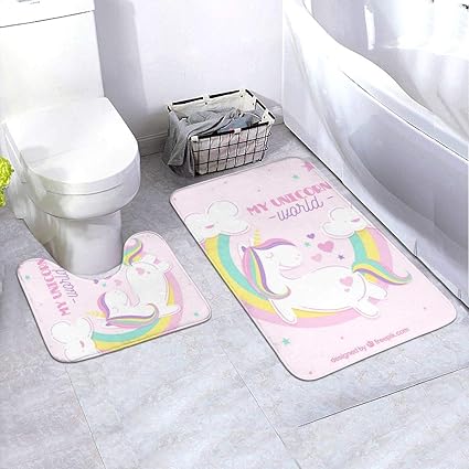 ONLED 2-teiliges Badezimmerteppich-Set mit süßem rosa Einhorn-Motiv