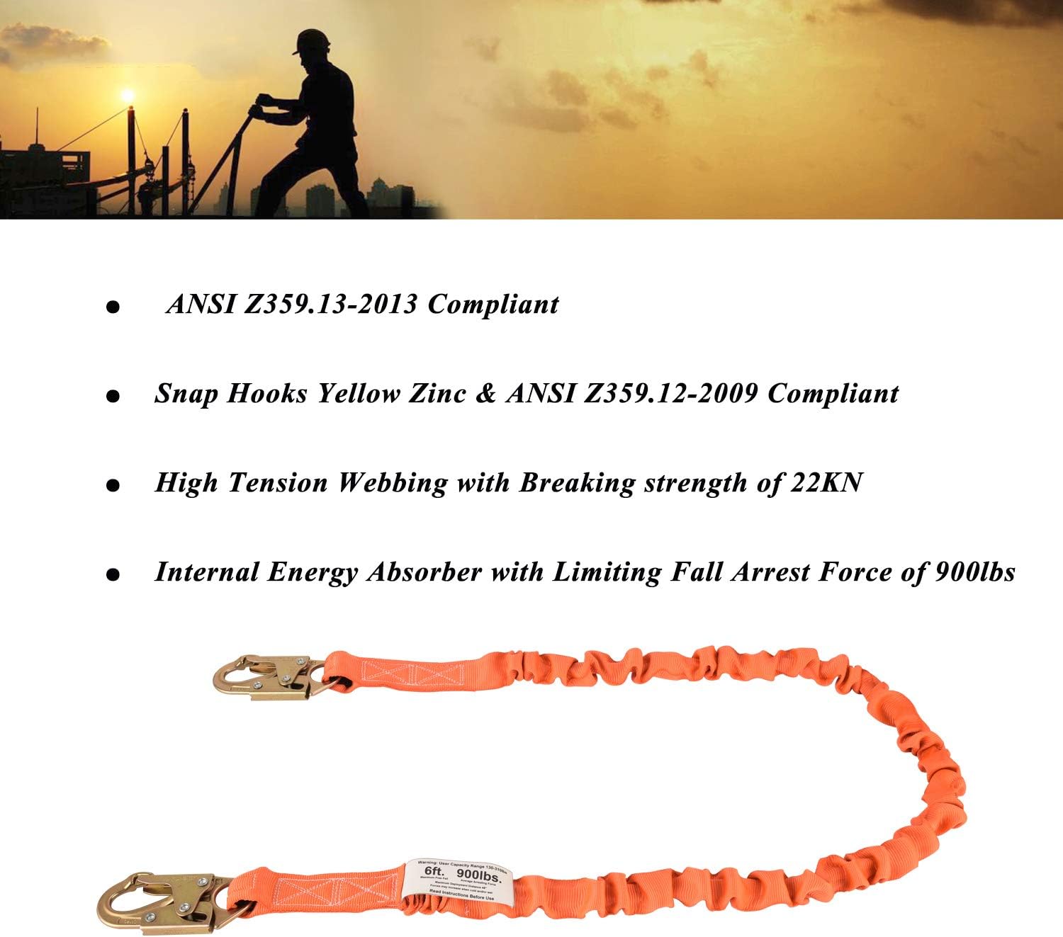 WELKFORDER 6-Foot Internal Shock Absorbing Safety Lanyard with Double Forging Snap Hook Connectors ANSI Z359.13-2013 Compliant Fall Protection Equipment (1 Pack) - - 