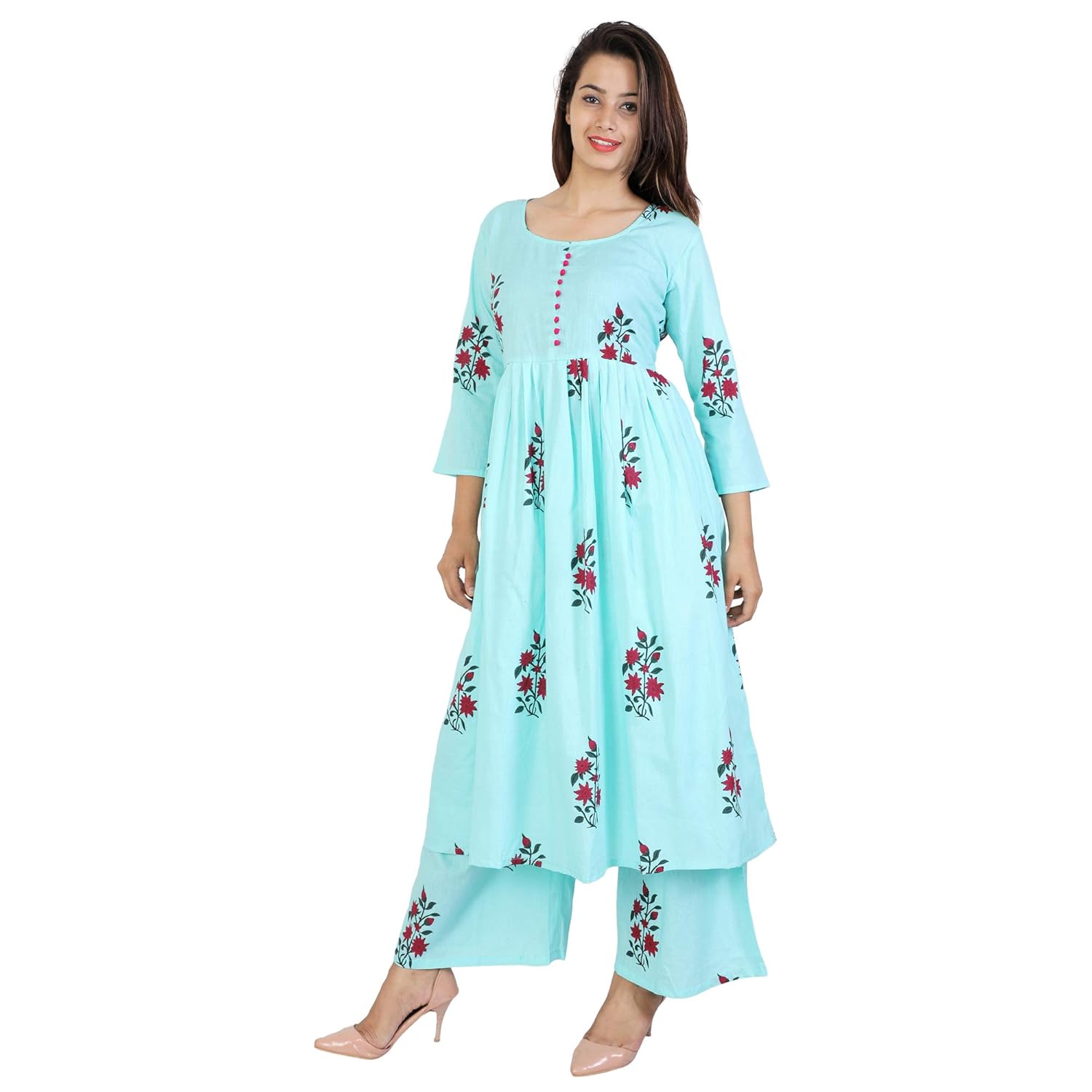 dhara sky blue colour cotton material designer kurta plazzo set for women