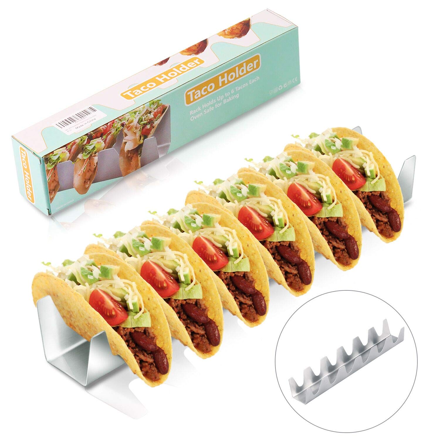 Stainless Steel Taco Holder Stand (Up to 6 Tacos) Taco Truck Tray Style Rack Safe for Oven, Baking, Dishwasher and Grill