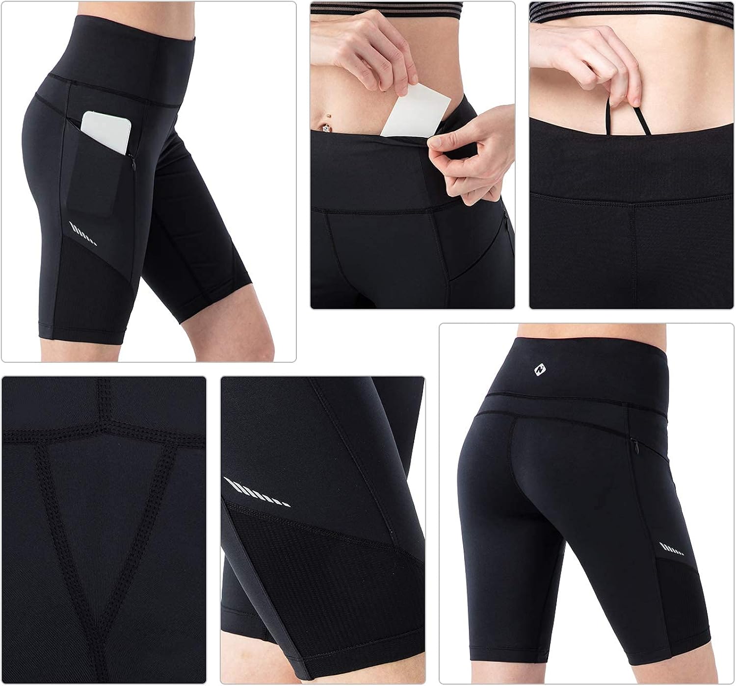 Naviskin Women's Compression Running Shorts High Waist Workout Athletic Biker Shorts with Zipper Pockets: Clothing