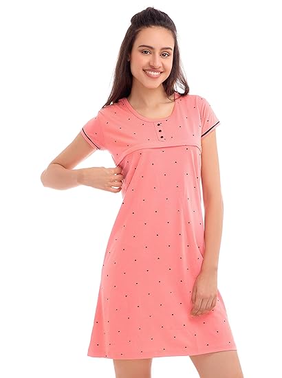 Women's Cotton Pink & Peach Feeding Long top | Nursing Night Dress with Little Heart Print Half Sleeve Breastfeeding Night Gown Baby Feeding Short Nighty