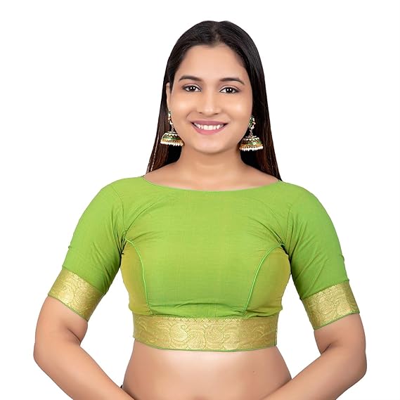 Womens Plain Dupion Silk Golden Lace Border Princess Cut Padded Readymade Saree Blouse