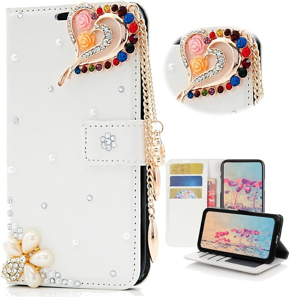 STENES BlackBerry KEY2 LE Case - Stylish - 3D Handmade Bling Crystal Rose Heart Pendant Flowers Magnetic Wallet Credit Card Slots Fold Stand Leather Cover for BlackBerry KEY2 LE - White