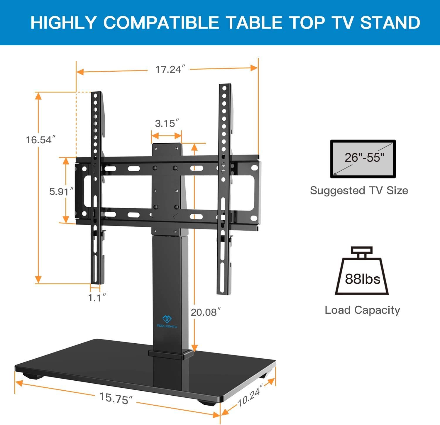 PERLESMITH Universal Swivel TV Stand - Table Top TV Stand for 26-55 Inch LCD LED TVs - Height Adjustable TV Mount Stand with Tempered Glass Base, VESA 400x400mm, Holds Up to 88lbs: Electronics