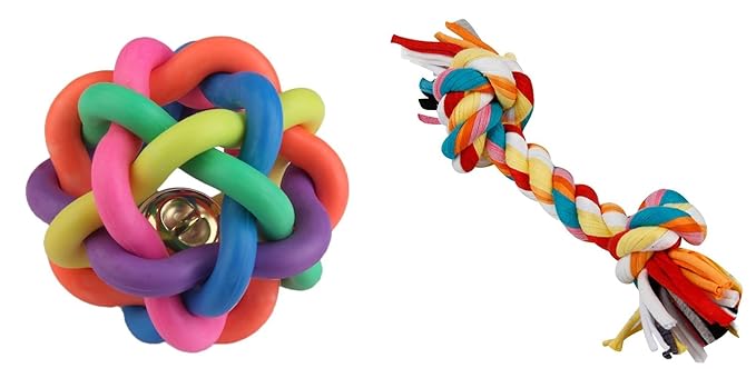 Foodie Puppies Squeaky Rainbow Cotton Rubber Ball with Rope Chew Toy Combo for Dog (Colour May Vary)