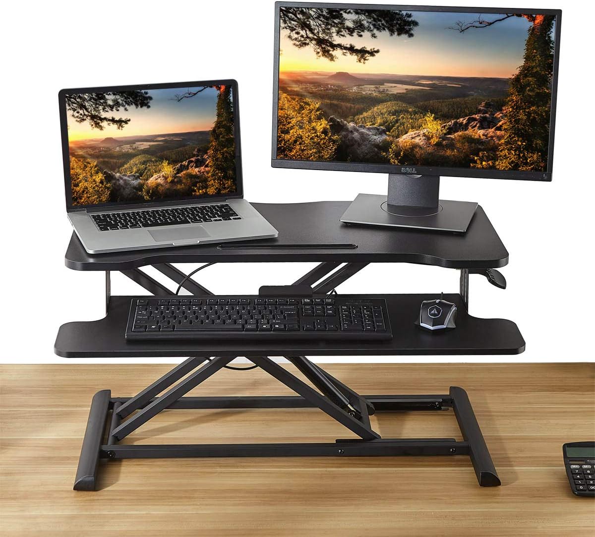 Standing Desk Converter with Height Adjustable – 32 inch Stand Up Desk, Sit Stand Tabletop Workstation Riser Fits Dual Monitors for Home and Office by HUVIBE : Office Products