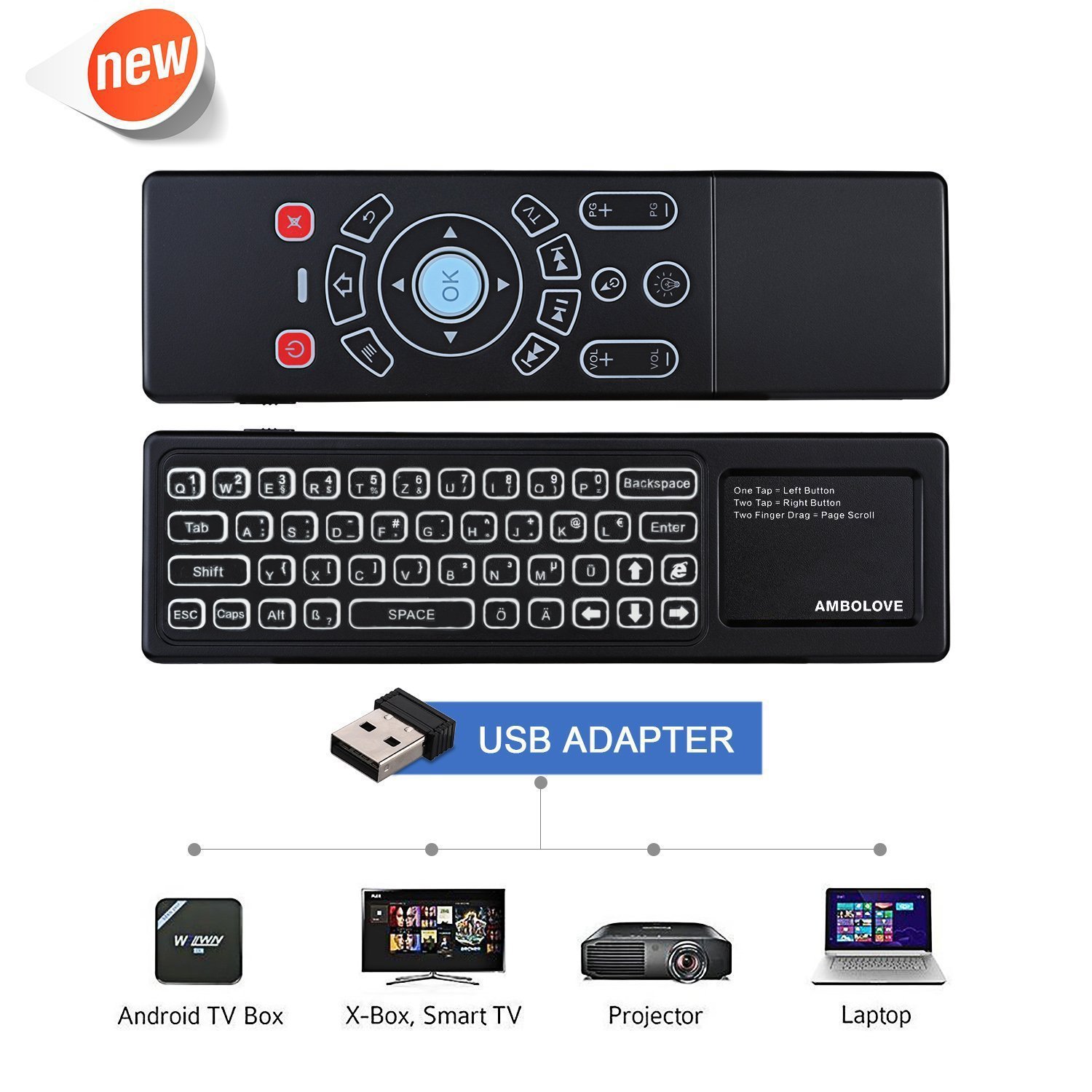 Airmaus Fernbedienung, AMBOLOVE Mini Tastatur kabellos Somatosensorisches Spiel Keyboard 2,4 G wiederaufladbare Air Mouse Combo mit Touchpad und 7 Farb-LED Backlits