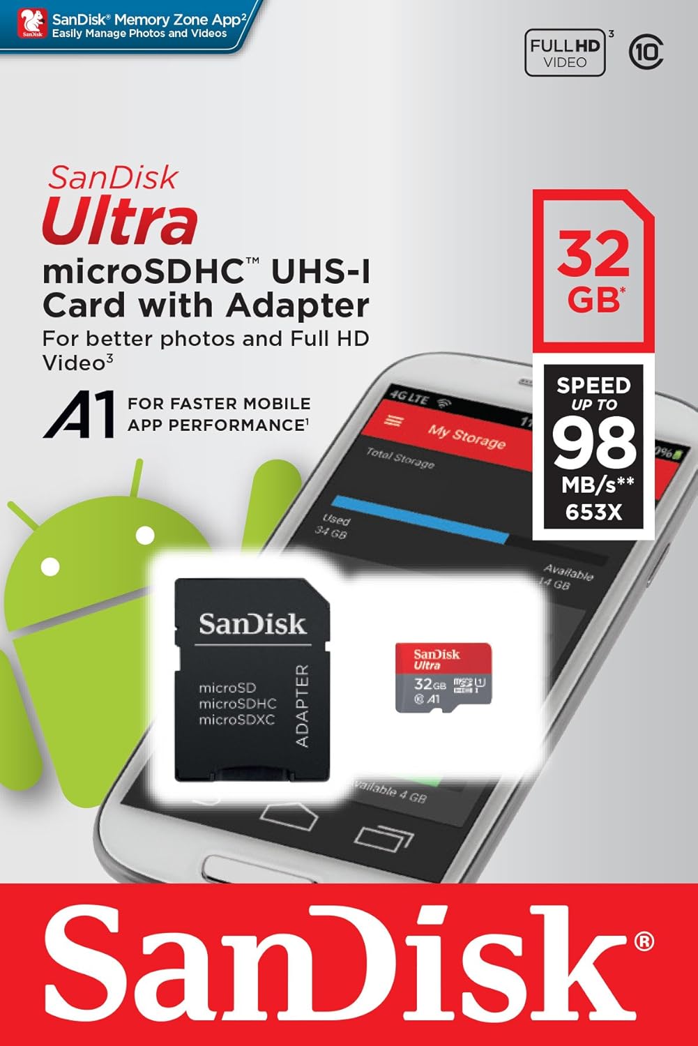 SanDisk 32GB Ultra microSDHC UHS-I Memory Card with Adapter - 98MB/s, C10, U1, Full HD, A1, Micro SD Card - SDSQUAR-032G-GN6MA: Computers & Accessories