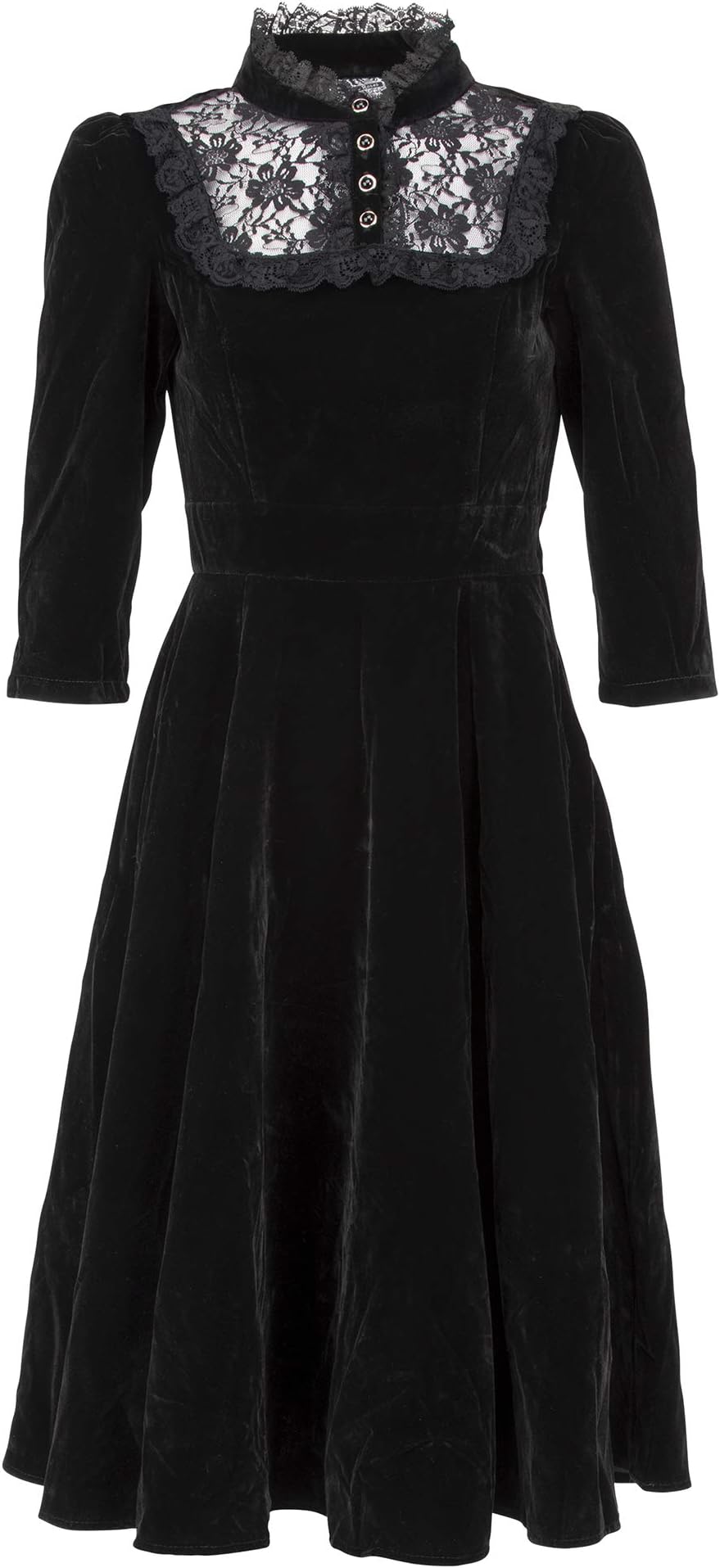 Womens Festive Black Velvet Gothic High Collar Dress with Lace Details
