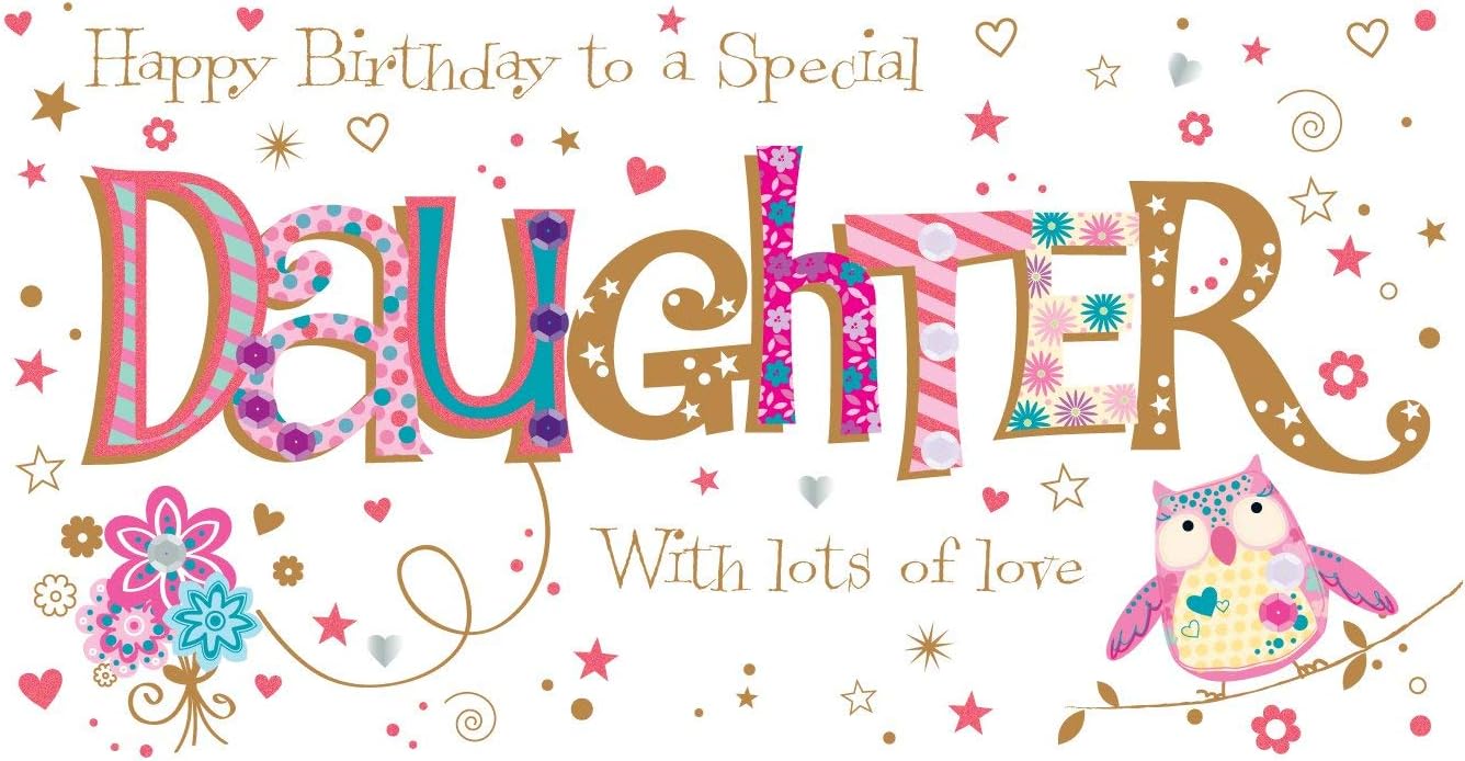 Daughter Birthday Handmade Embellished Greeting Card by Talking Pictures Cards, pink|oak|beige|blue, 23cm x 23cm, 5" x 9"