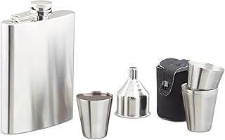 Relaxdays Flachmann Set Edelstahl 7 teilig, 200 ml Flachmann mit Trichter und 4 Becher für Camping und Festival, silber