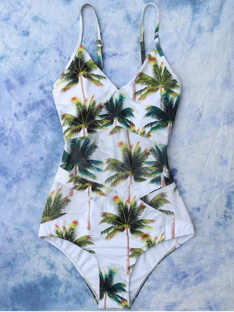 IMIDO Womens Sexy V Neck Backless One Piece Swimsuit Coconut Palm Tree Print Swimwear (White, S)