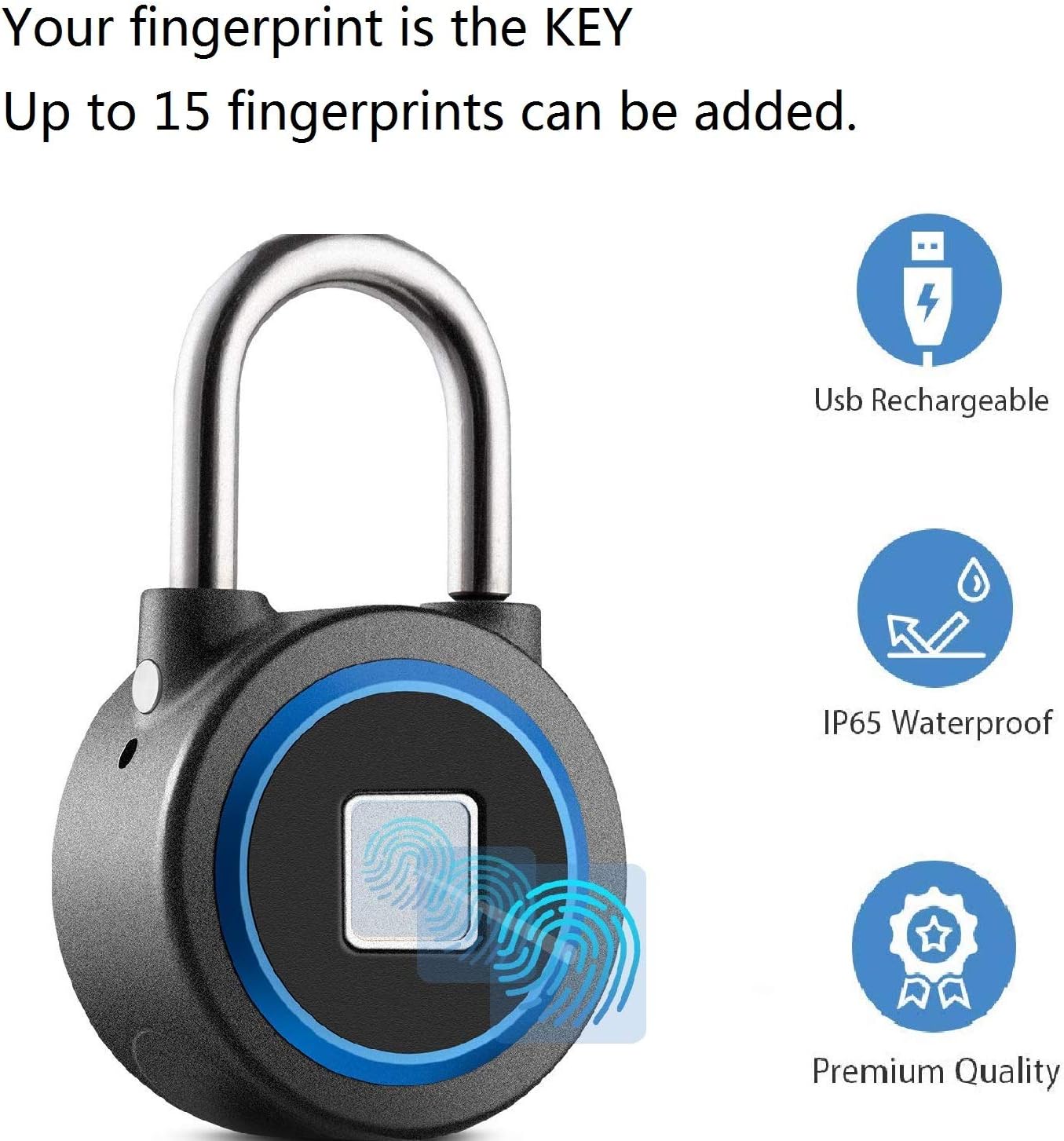 Fingerprint Padlock, Bluetooth Connection Metal Waterproof, Suitable for House Door, Suitcase, Backpack, Gym, Bike, Office, APP is Suitable for Android/iOS, Support USB Charging - - 