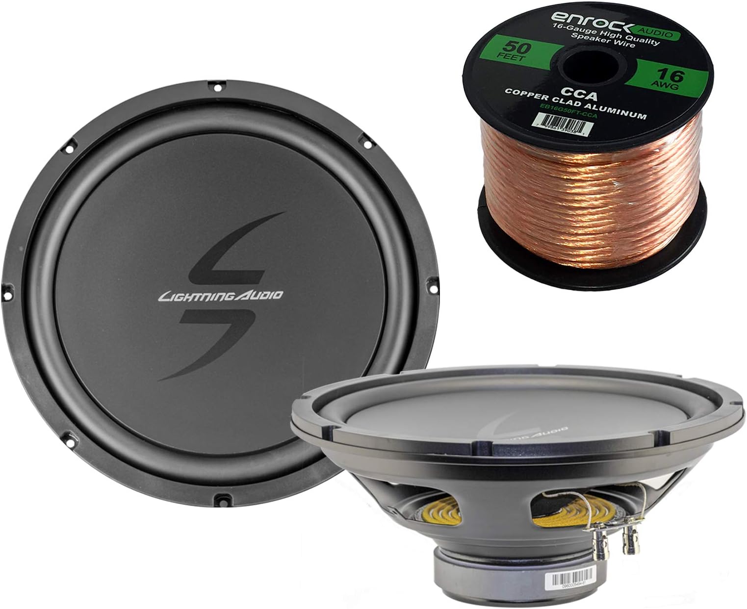 Pair of (2) Lightning Audio By Rockford Fosgate L0-S412 LA-Zero 12-Inch 4-Ohm Car Audio Single Voice Coil Subwoofer Bundle Combo With Enrock 50 Foot 16 Gauge Speaker Wire