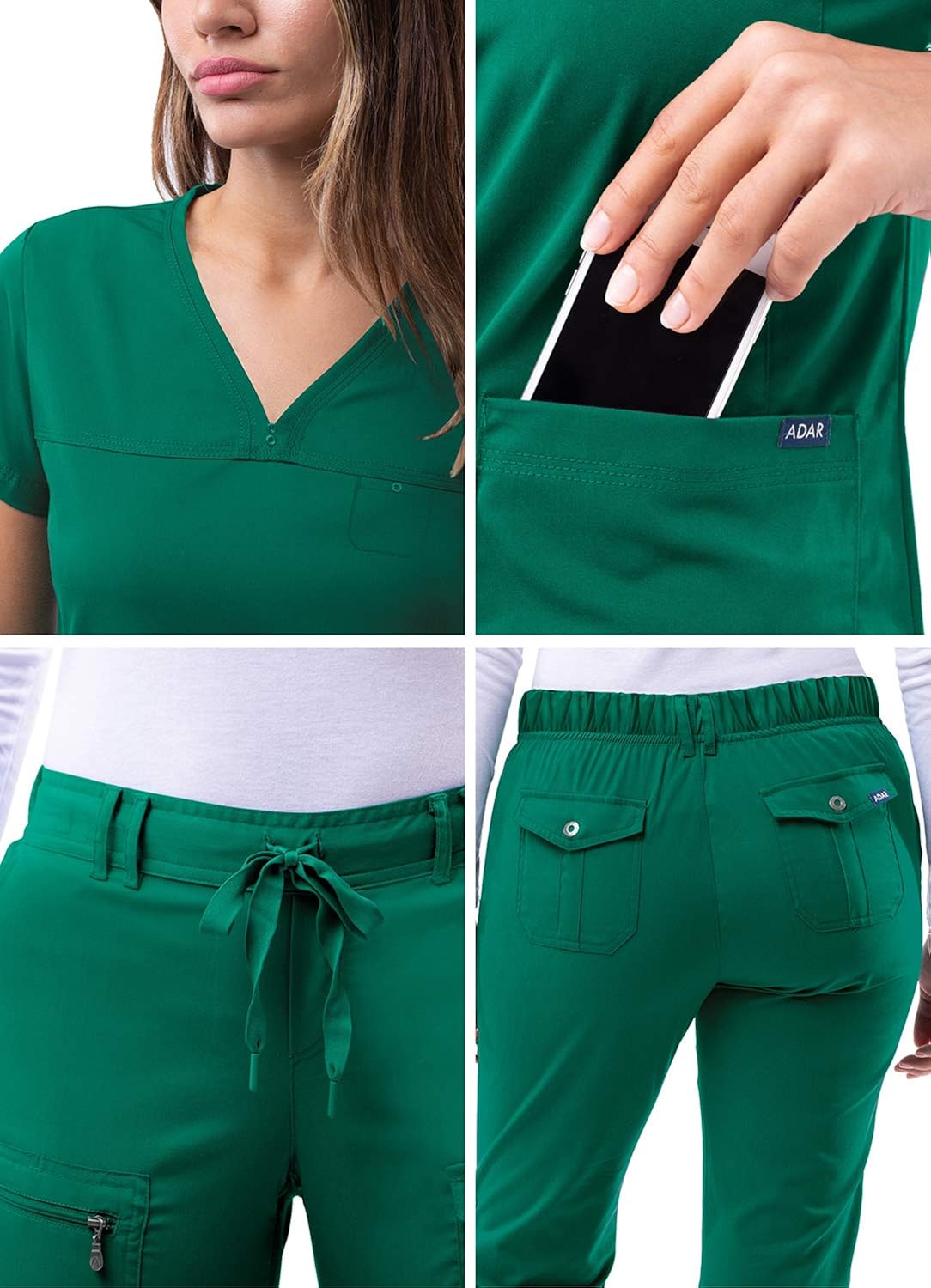 Adar Pro Everyday Expert Scrub Set for Women - Curved V-Neck Scrub Top & Tapered Drawstring Scrub Pants: Clothing