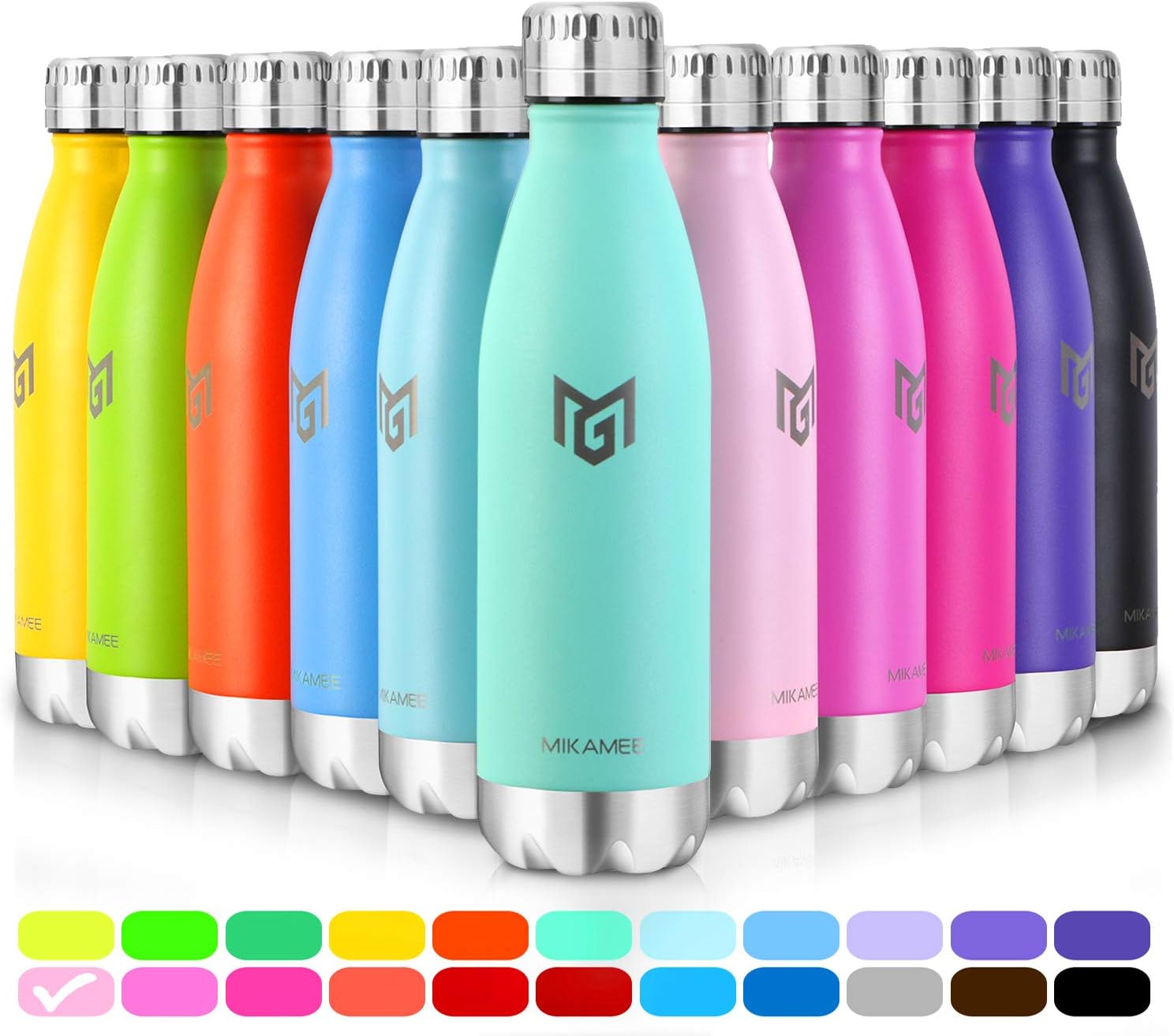 MIKAMEE Insulated Water Bottles 350ml 500ml 650ml 750ml Metal Water Bottle Bpa Free Leakproof Keep Cold 24 Hrs & 12 Hrs Hot for kids Men Women & Children School| Sports Running Yoga Gym