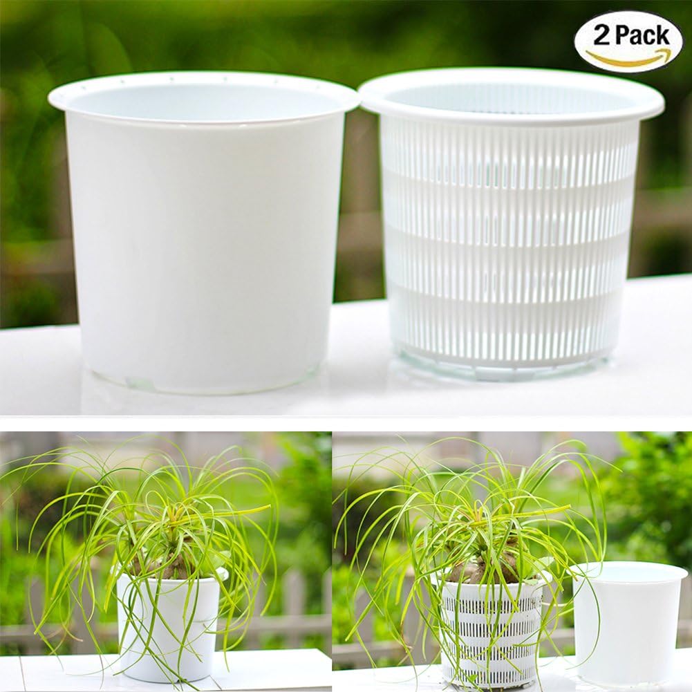 Orchid Pots Set,Plastic Root Control Plant Pot with Holes and Mesh,7 1/2 Inch 2 Inner and 2 Outer Flower Pot(Grace White)