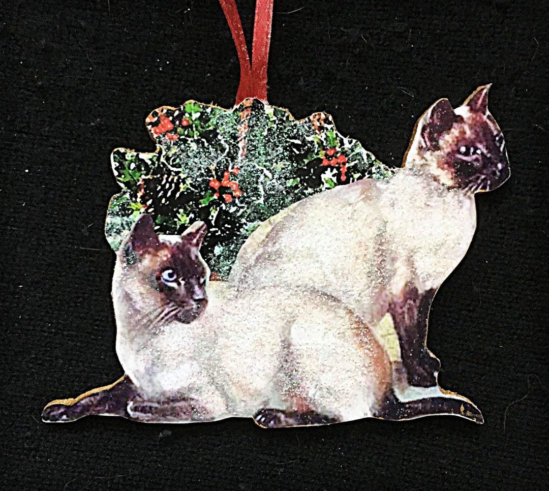 Siamese Cats Ornament Handcrafted Wood Christmas, Cat Lover
