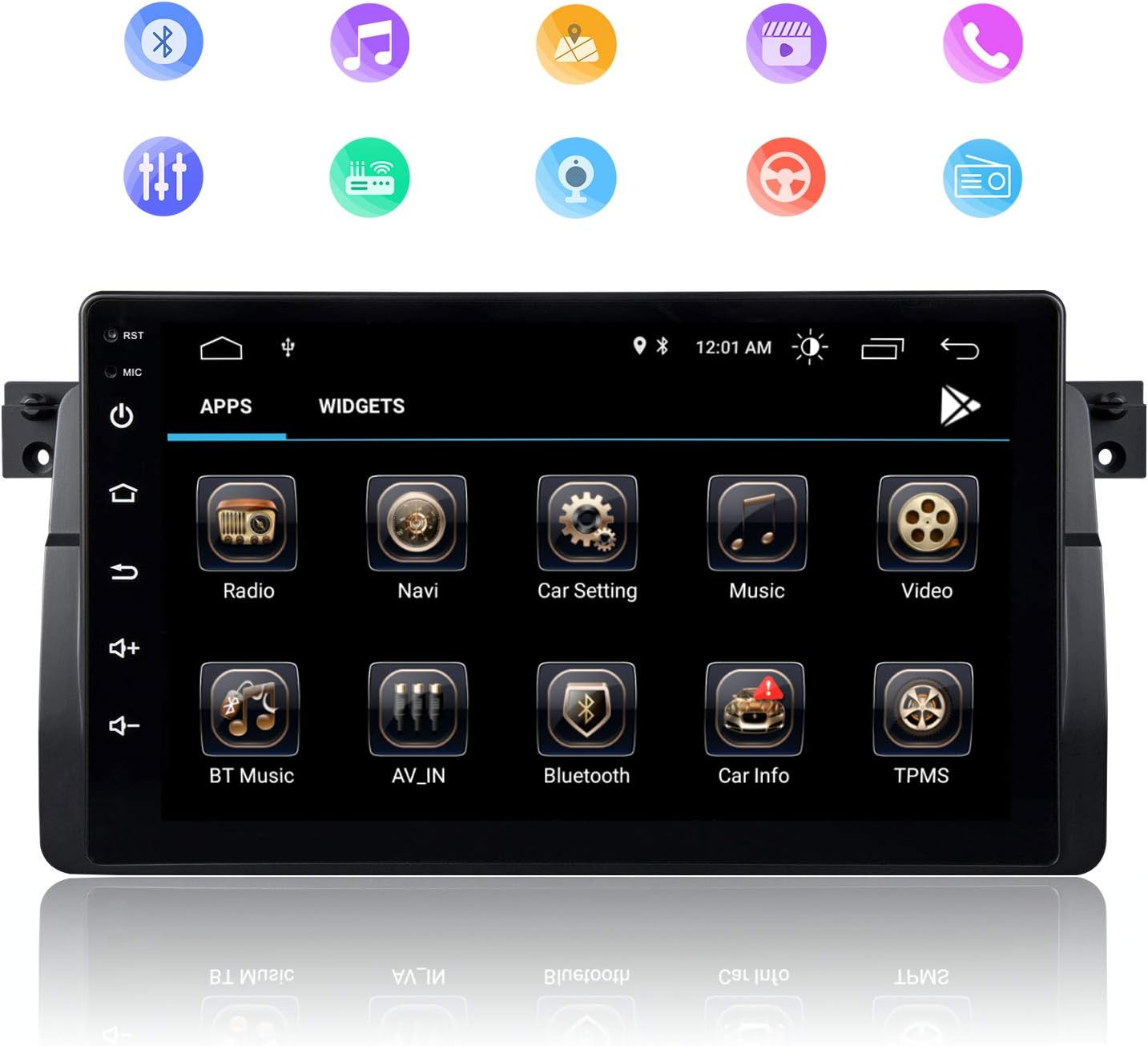 Car Radio 9'' Android 9.0 GPS Navigator for BMW E46 with Quad-Core Processor, RAM2GB ROM32GB Touch Screen WIFI Bluetooth Music Player FM AM DSP RDS USB SD CANBUS Steering Wheel Control (E46)