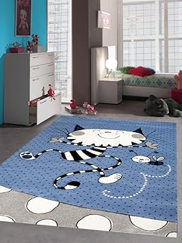 Traum Kinderteppich Spielteppich Kinderzimmerteppich mit Katze Biene in Blau Creme Größe 160x230 cm