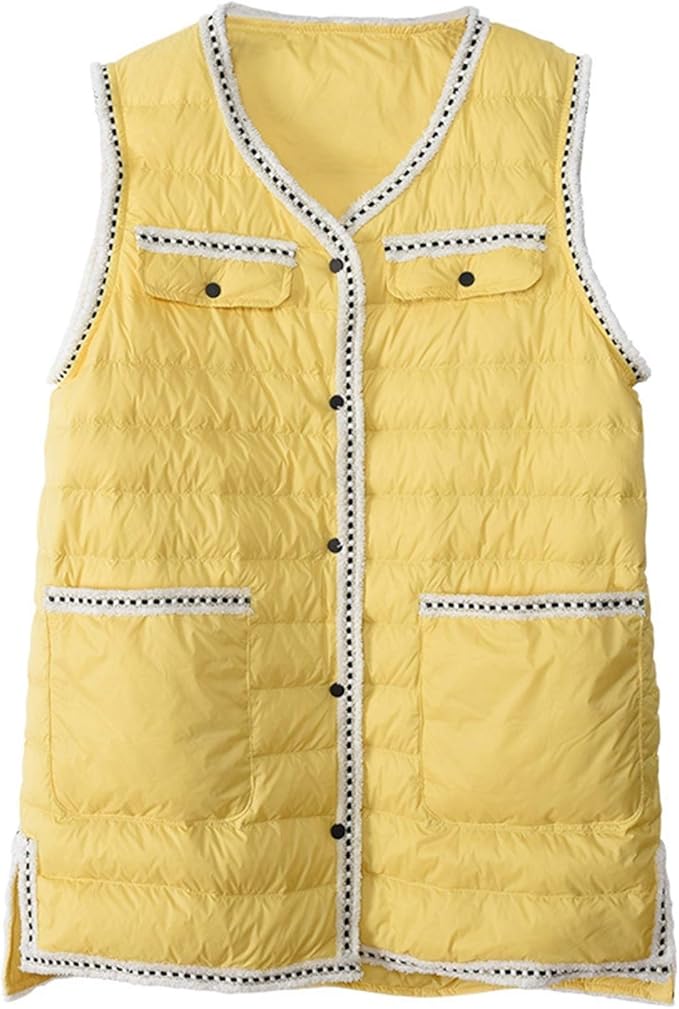 Amazon ダウンベスト イエロー 暖かい レディース 可愛い ベスト ロング丈 ベスト 無地 シンプル 軽量 ダウンコート ノースリーブ 防寒 春 秋 冬 ベスト L おしゃれ アウター カジュアル アウトドア ベスト 通販