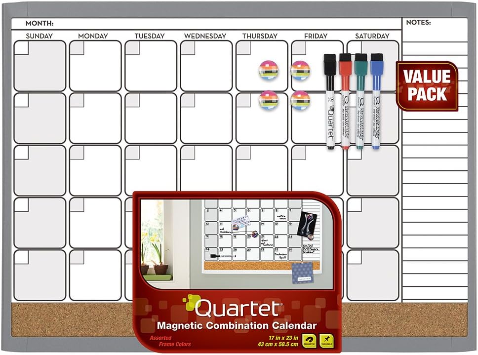 Quartet Dry Erase Cork Calendar Board Combo Value Pack, Magnetic, Gray Frame (44202-GR)
