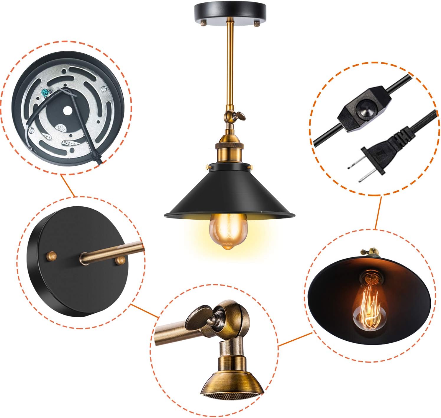 Licperron Dimmable Wall Sconce Plug in, Vintage Antique Style 240 Degree Adjustable Industrial Wall Light with UL Dimmable Switch for Restaurants Bathroom Dining Room Kitchen Bedroom 2 Pack - - 