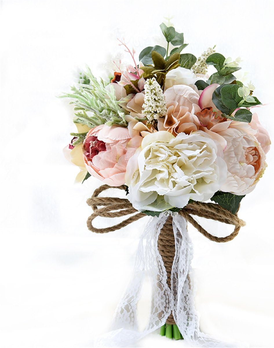 Zebratown 9.5'' Peony Bridal Bridesmaid Bouquets Artificial Pink Rose Silk Flowers Bouquet Home Wedding Decoration (Champagne)