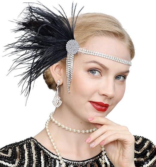 Women S 1920s Great Gatsby Headband Peacock Feather Crystal Flapper Headpiece Silver