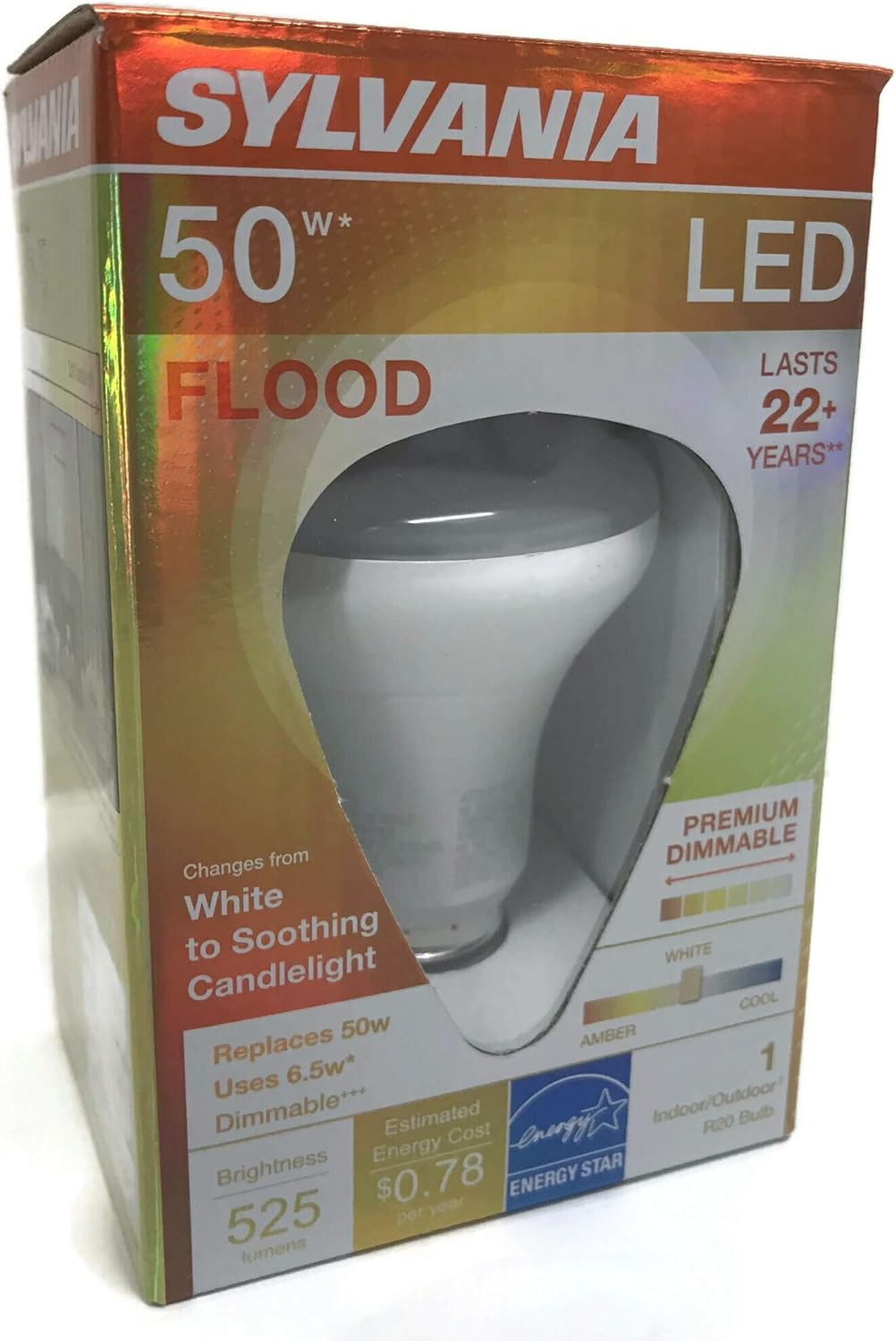 Sylvania 79618 R20 Efficient 6.5W Dimmable LED Indoor/Outdoor Flood Light Bulb, Dims from White To Soothing Candlelight, Medium Base (E26), 3000K, 525 Lumens