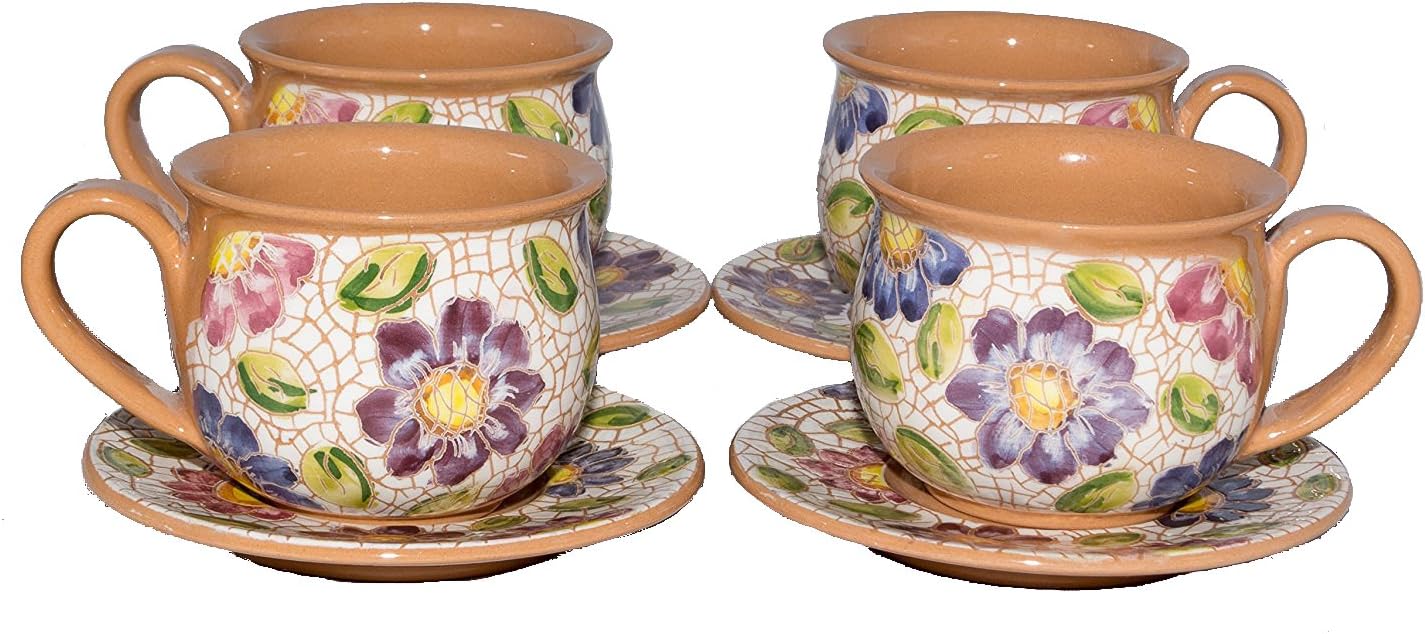 Mosaic Coffee Mugs (7.1 fl. oz) - Functional Handmade Jordanian Mosaic Mugs Paired with Serving Plates (4 Pieces)
