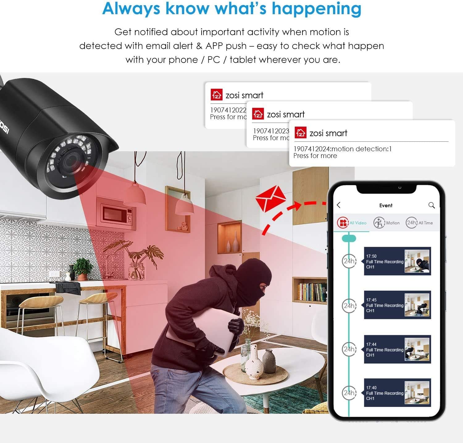 ZOSI 8CH CCTV Camera System, H.265+ 5MP DVR Recorder with 4 x 1080P Outdoor Security Bullet Cameras - Image 5