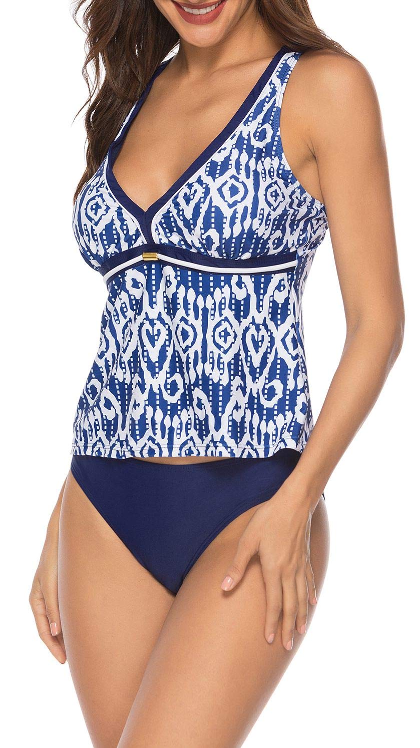 Yong Dong Sexy V Neck Swimsuits for Women Tribal Print Push Up Tankini Bathing Suits with Brief Blue M