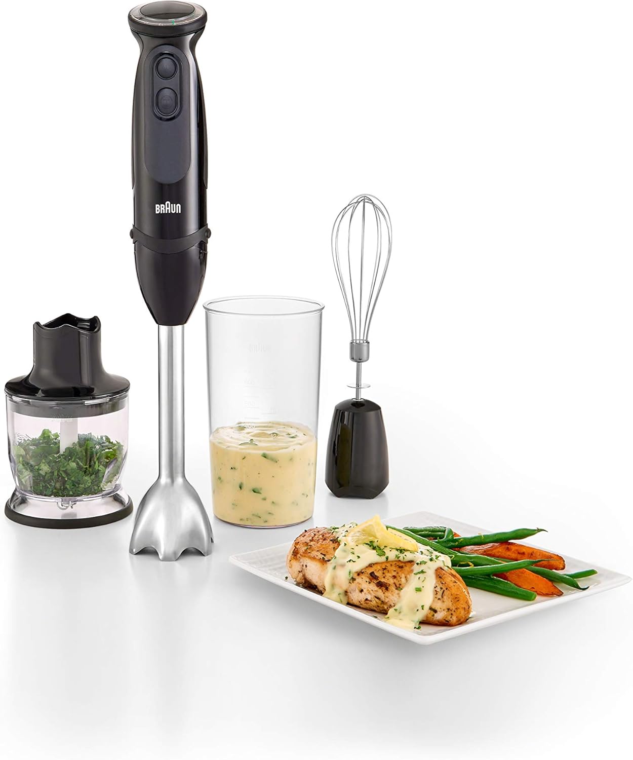 Braun 3-in-1 Immersion Hand Blender, Powerful 400W Stainless Steel Stick Blender, 21-Speed + 1.5-Cup Food Processor, Whisk, Beaker, High Quality, Easy to Clean, MultiQuick MQ5025: Kitchen & Dining