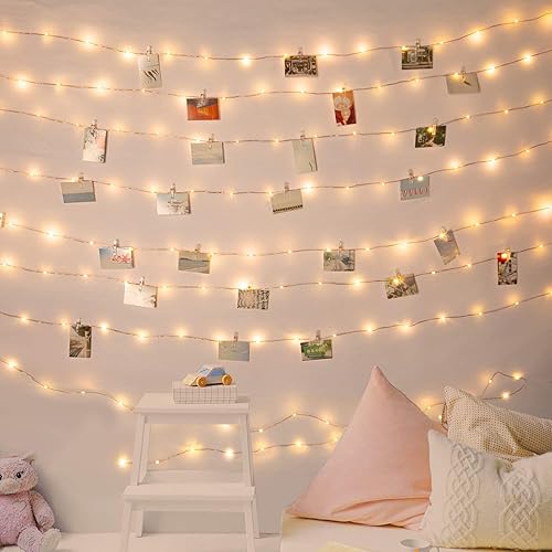 Photo Clip String Lights 33Ft 100 LEDs Fairy String Lights Battery Operated with 60 Clear Clips for Hanging Pictures with Timer and 8 Lighting Modes (Warm White)