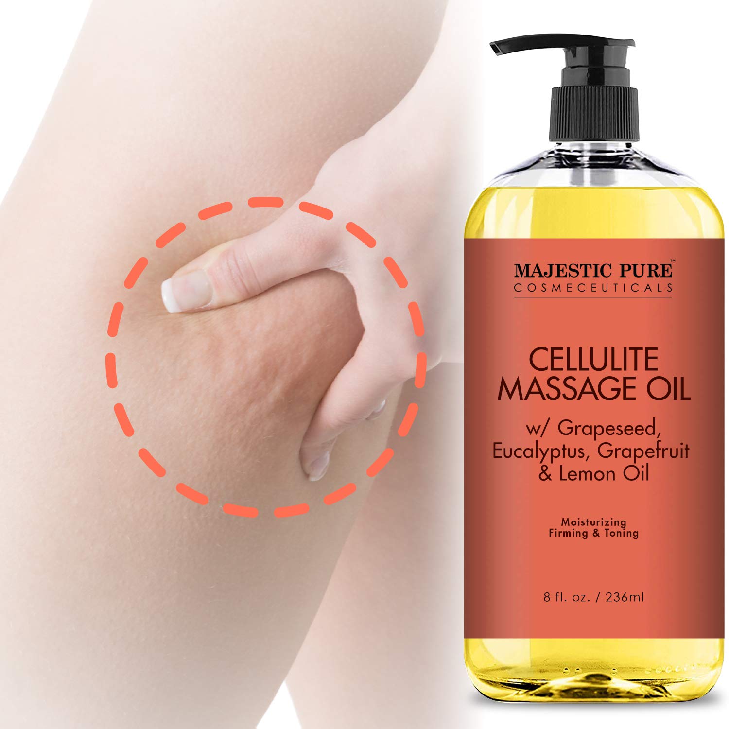 Majestic Pure Natural Cellulite Massage Oil, Unique Blend of Massage Essential Oils - Improves Skin Firmness, More Effective Than Cellulite Cream, 8 fl oz: Health & Personal Care