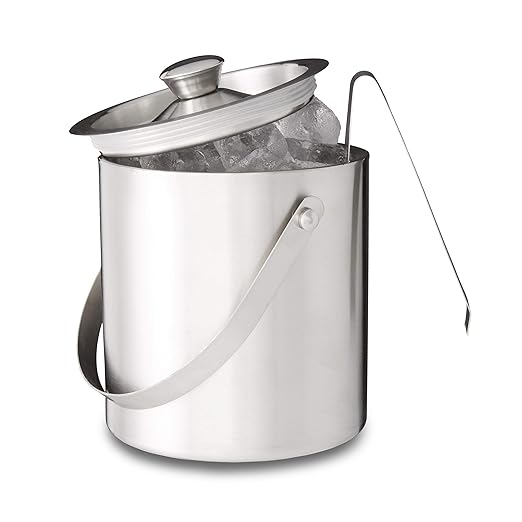 Relaxdays Eisbehälter rund mit Deckel, Eiszange, Eiswürfel-Kühler für Bar, Party, 2 Liter, HxBxT: 17 x 15 x 15cm, silber