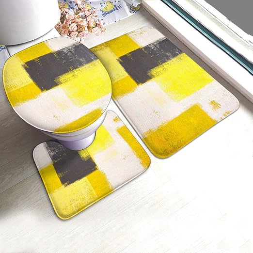 Amazon Com Yellow And Grey Abstract Art Painting Bathroom Rugs Carpet Mats U Shaped Toilet 3 Piece Bath Mat Set Non Slip For Indoor Contour Rug Customized Home Kitchen