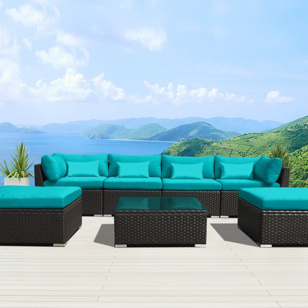 Amazon Com Modenzi 7c U Outdoor Sectional Patio Furniture Espresso Brown Wicker Sofa Set Turquoise Garden Outdoor