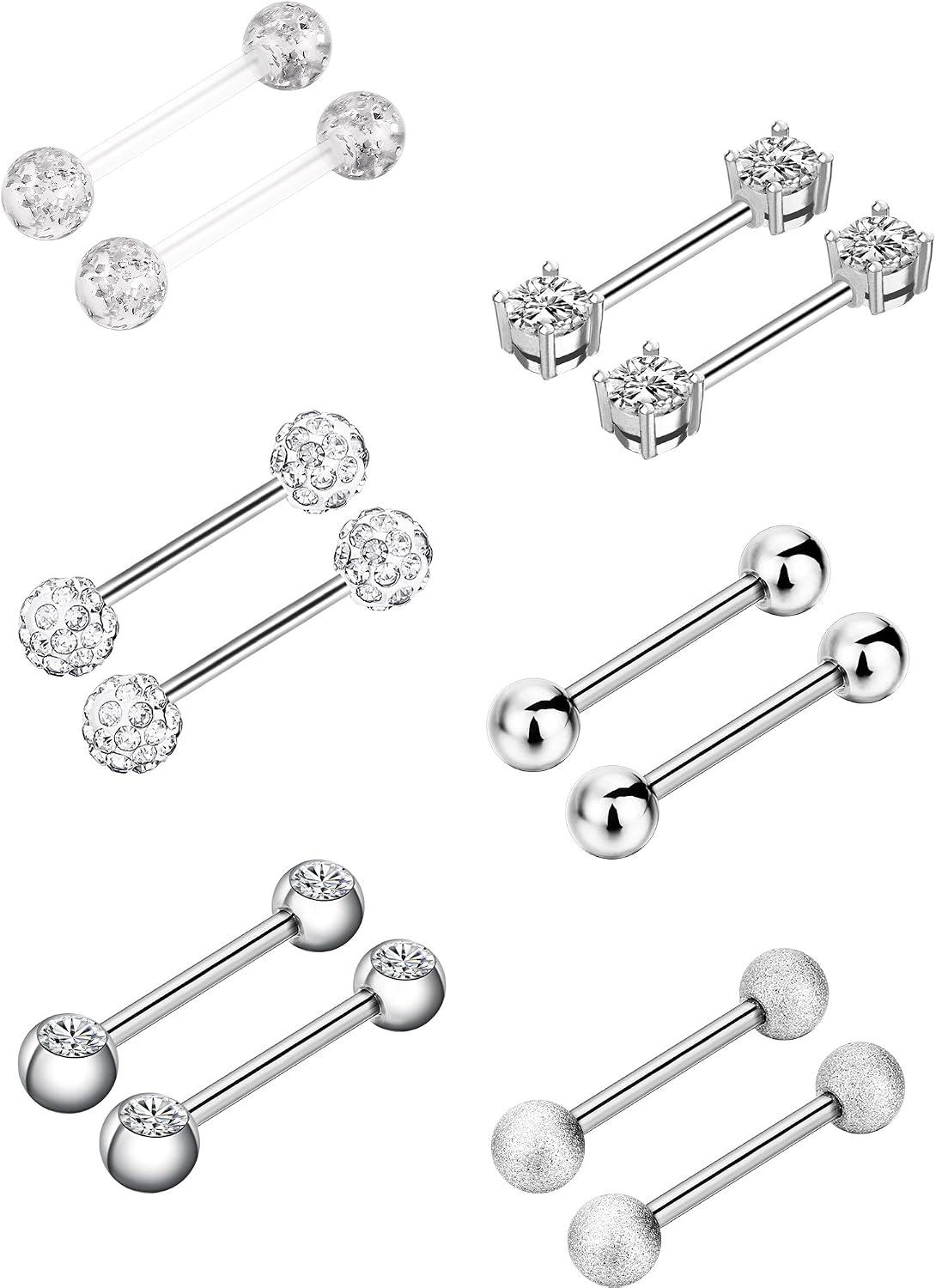 6 works Nipple Bars Surgical Stainless Steel Piercing Titanium Barbell Ring Tongue Ring Cubic Zirconia Nipple Rings Body Piercing Jewelry