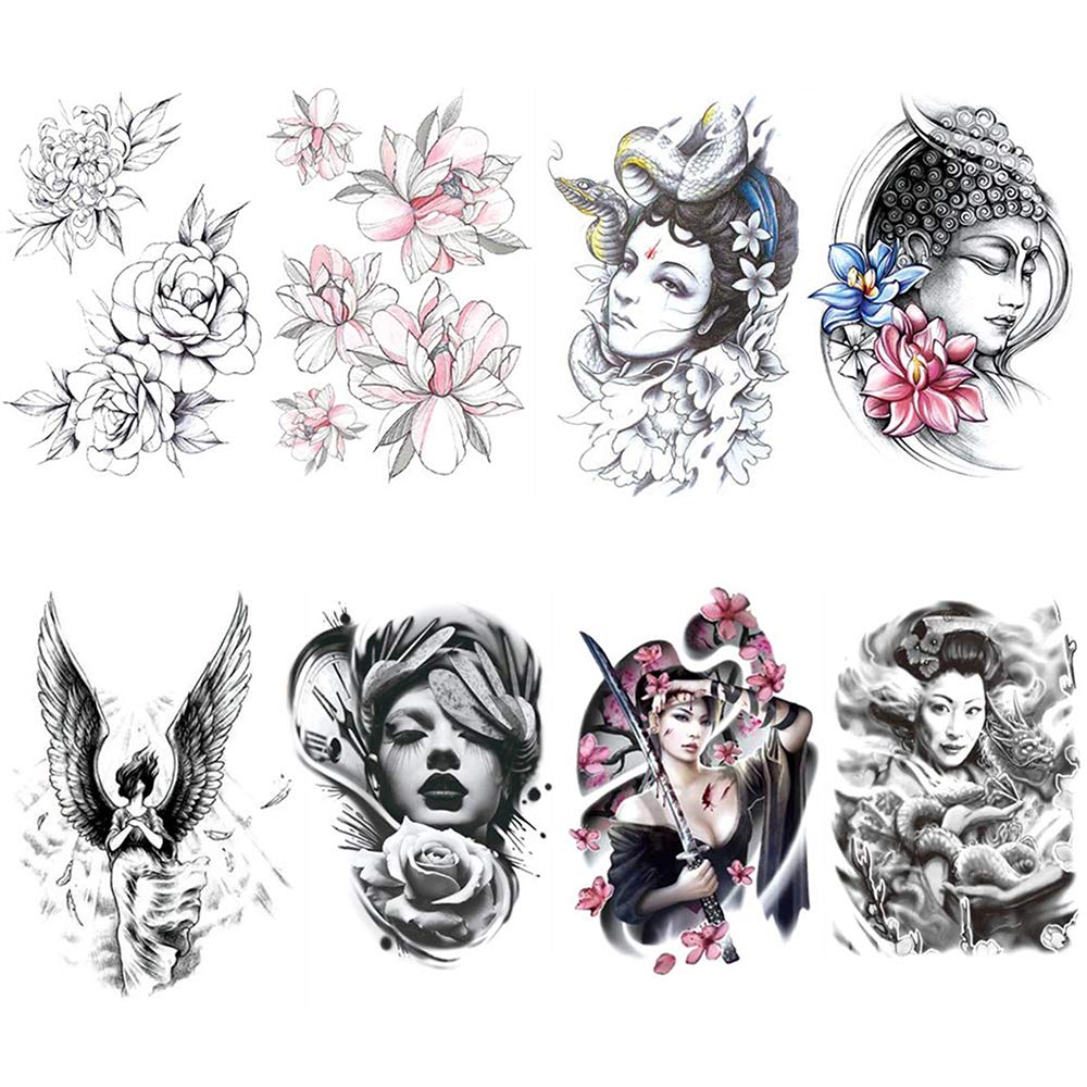 Yesallwas 8 Sheets Large Temporary Tattoo Sticker Fake Tattoos for men Girls Models,waterproof Long Lasting Body Art Makeup Sexy Realistic Arm tattoos -Rose flower,angel,lotus,Buddha, 5.9x8.26inche