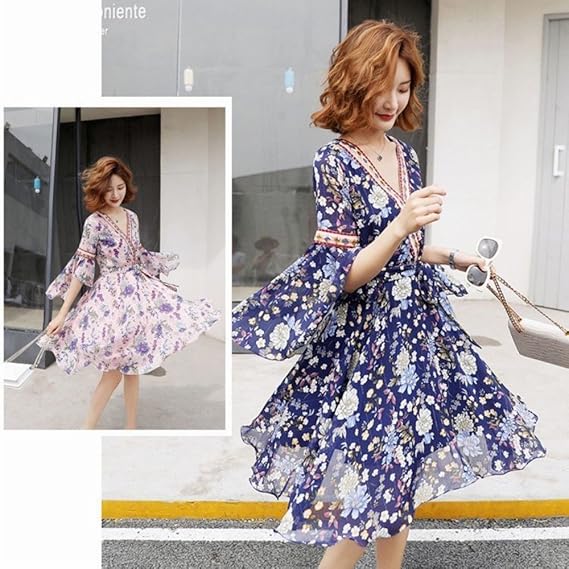 Amazon 花柄ボヘミアンワンピース 青色 Xl ワンピース チュニック 通販