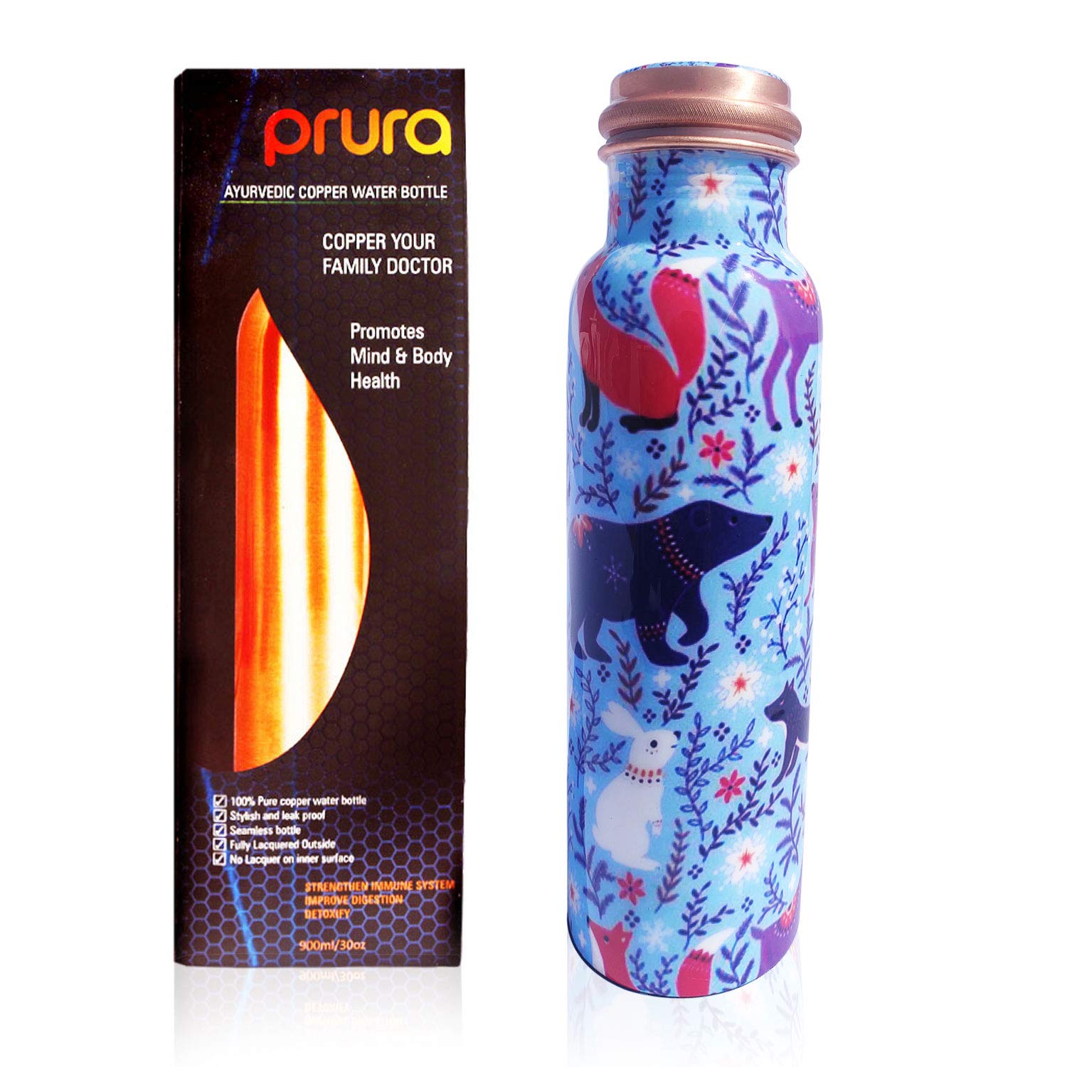 Prura Pure Printed Copper Water Bottle - Leak Proof Ayurvedic Drinkware Copper Vessel for Sports, Gym, Outdoors, Yoga, Health Benefits (30 oz)