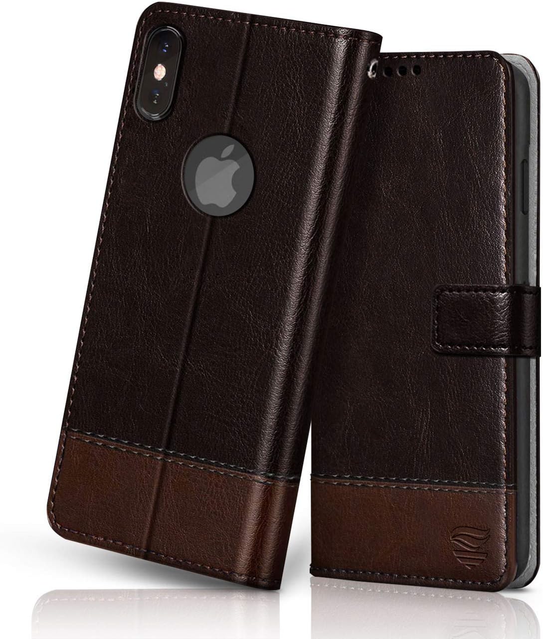 FLIPPED Vegan Leather Flip Case Back Cover for Apple iPhone Xs Max (Flexible, Shock Proof | Hand Stitched Leather Finish | Card Pockets Wallet & Stand | Coffee with Brown)