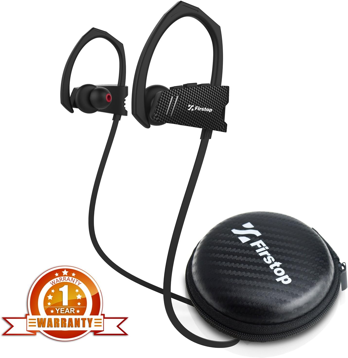Bluetooth Headphones, Firstop Wireless 4.1 Earbuds IPX5 Waterproof Sports Earphones Noise Cancelling Earphones with Mic for Apple iPhone iPad Samsung and Android Phones with Carrying Case(Black)