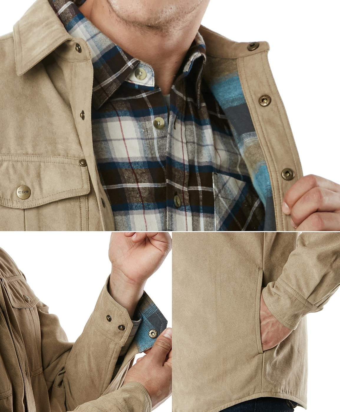 CQR Men's Flannel Long Sleeved Rugged Plaid Cotton Brushed Suede Shirt Jacket: Clothing