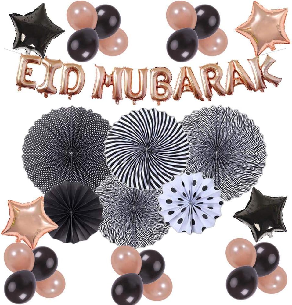 MondayUp EID MUBARAK Aluminum Foil Paper Fan Rose Gold Balloon Banner Set Muslim Eid Mubarak Decoration for Girls Women Boys Party Supplies